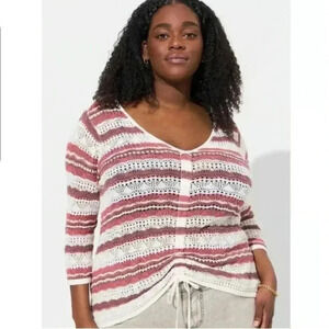 Torrid Crochet Striped Sweater Boho V Neck Cinched Knit Size 1 3/4 Sleeve Lace